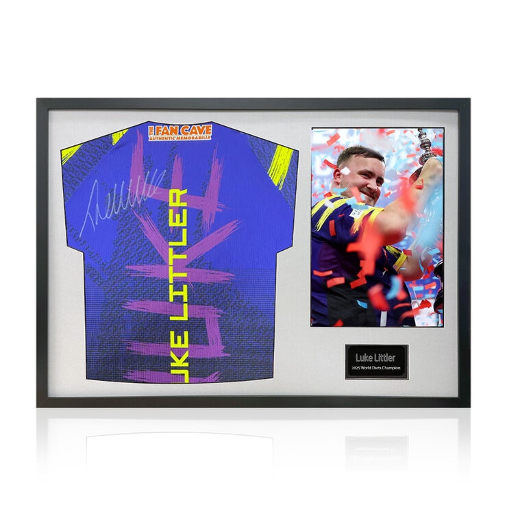 Luke Littler Signed Framed Darts Shirt including 1 Photo in 2 Options: White or Black Mount