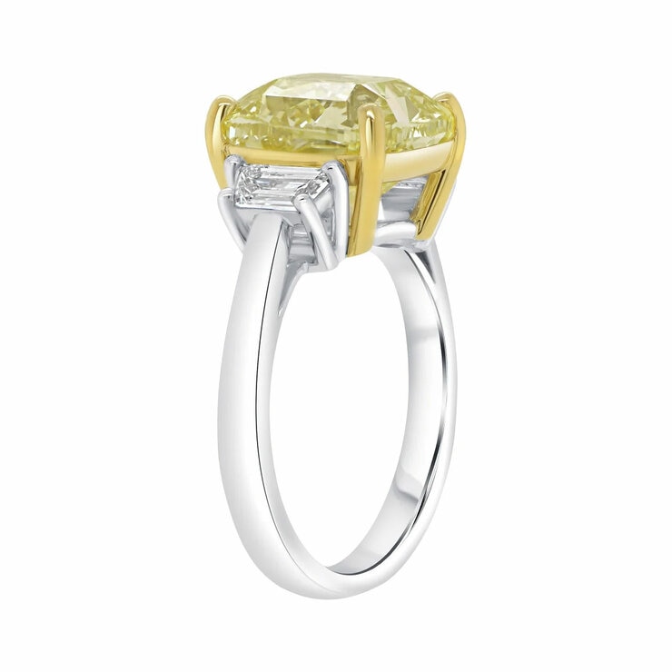 7.61ctw Cushion Cut Fancy Intense Yellow Diamond Three Stone Ring, Platinum 7.61ctw Cushion Cut Fancy Intense Yellow Diamond Three Stone Ring, Platinum