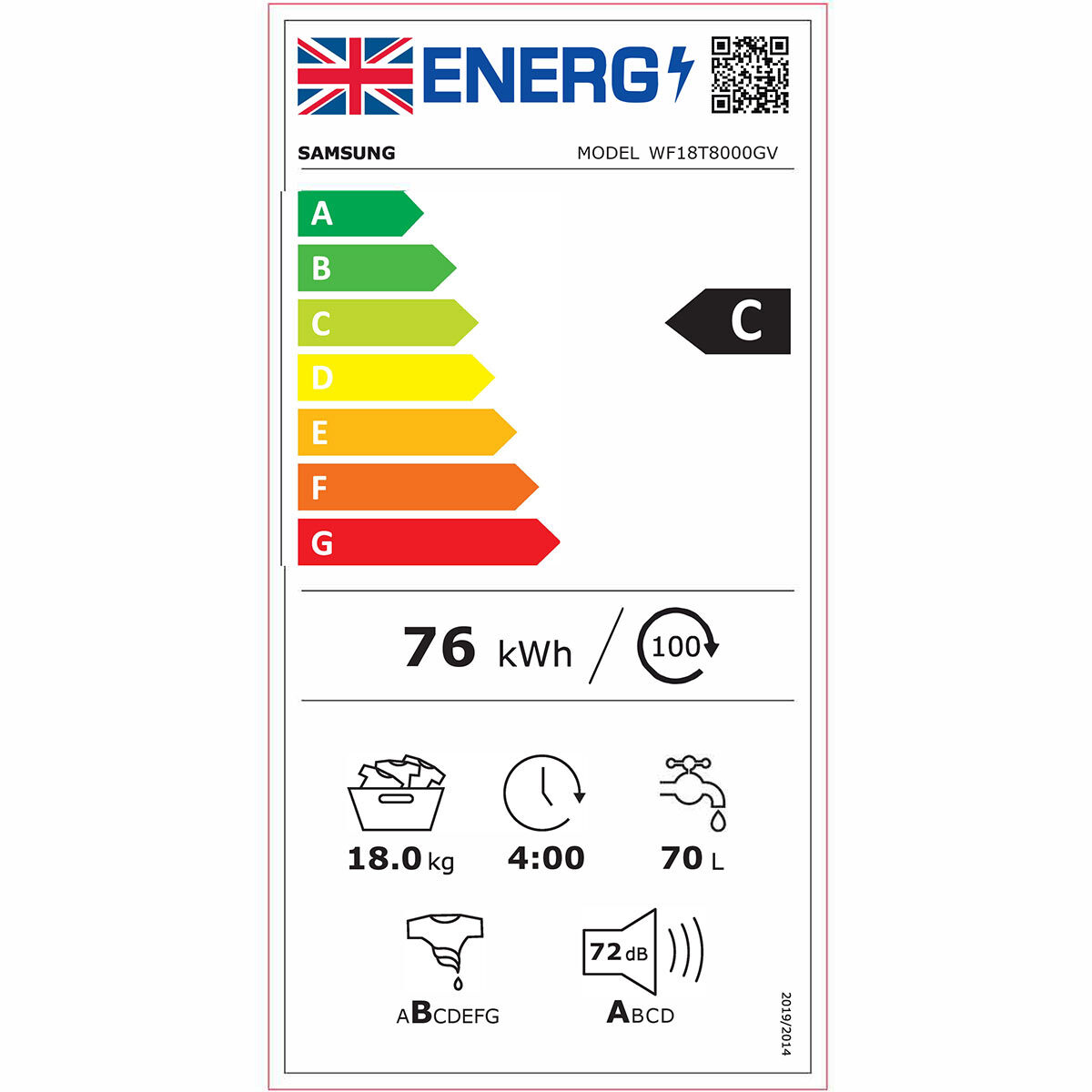 Energy Label for Samsung WF18T8000GV Washing Machine