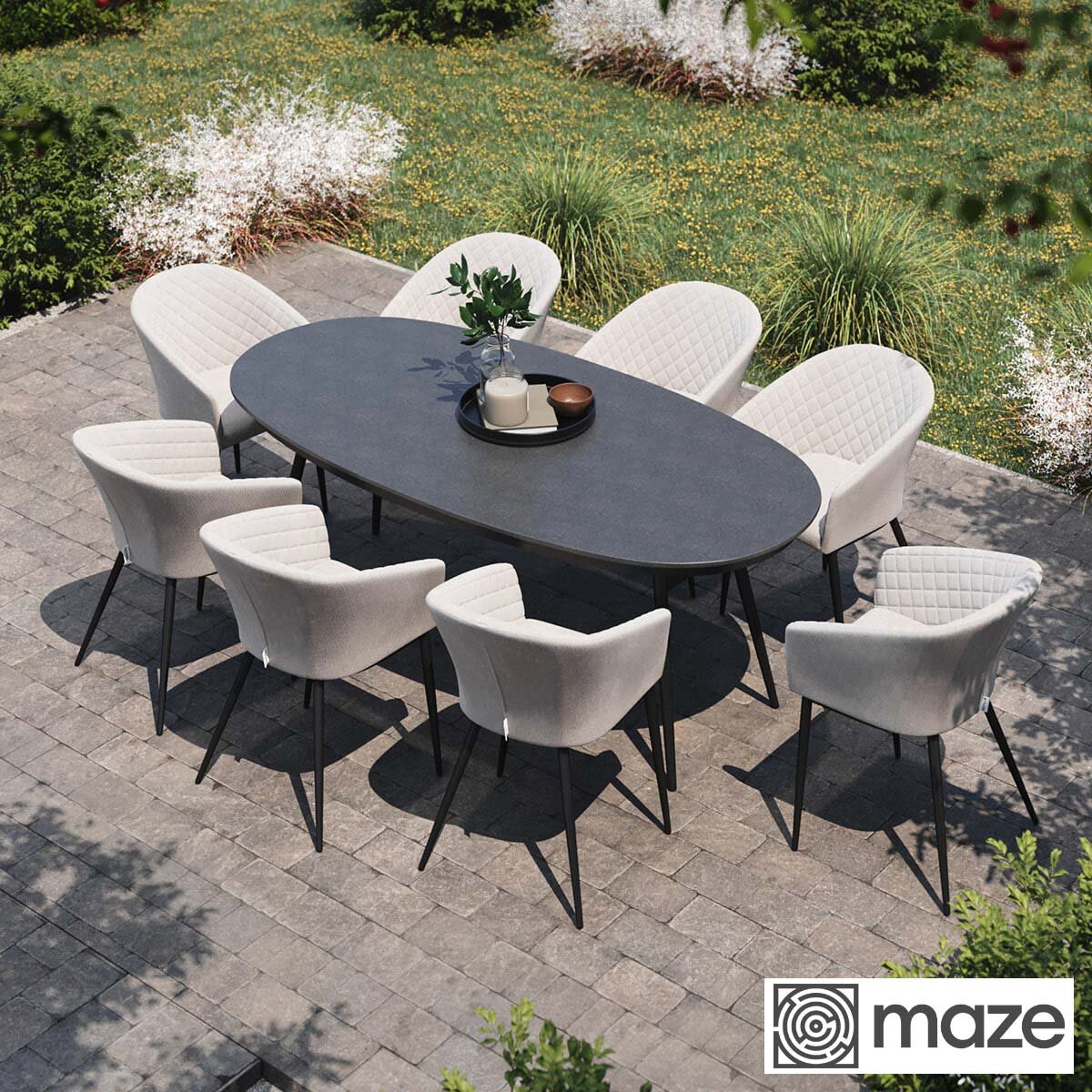 Maze Ambition 9 Piece Oval Dining Patio Set + Cover (in Oatmeal)