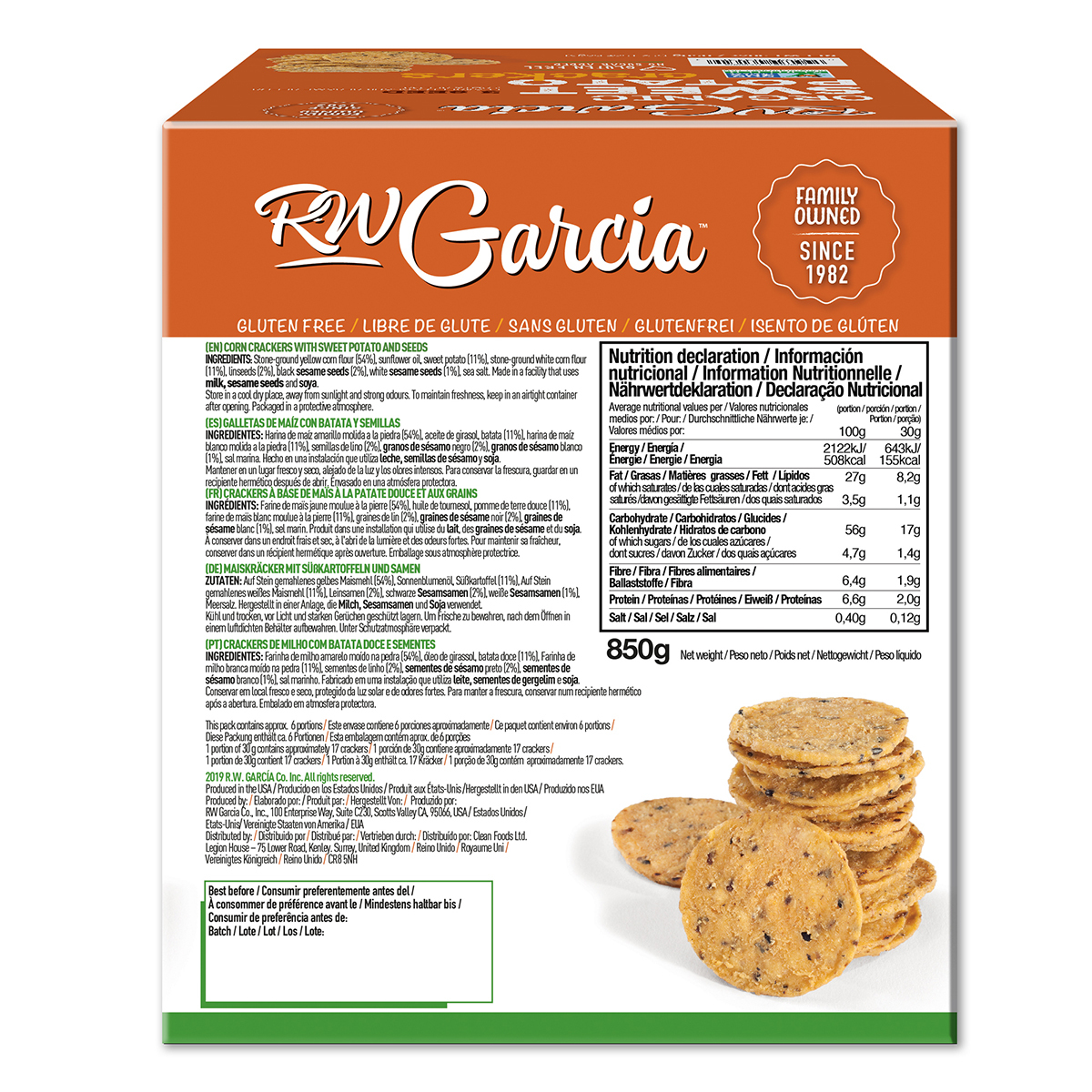 RW Garcia 3 Seed Sweet Potato Crackers, 850g Back of Pack Label