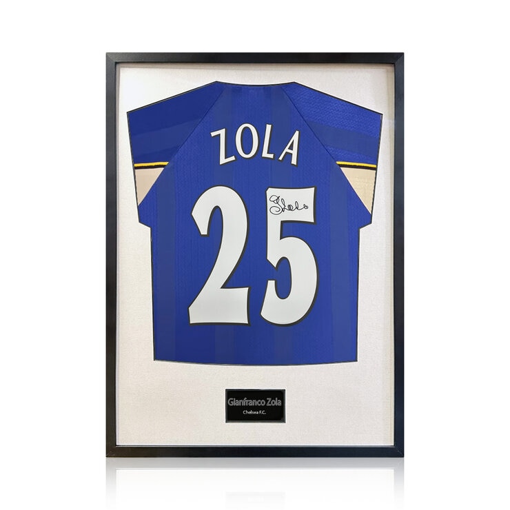 Gianfranco Zola Signed Framed Chelsea Football Shirt in 2 Options: White or Black Mount Gianfranco Zola Signed Framed Chelsea Football Shirt in 2 Options: White or Black Mount