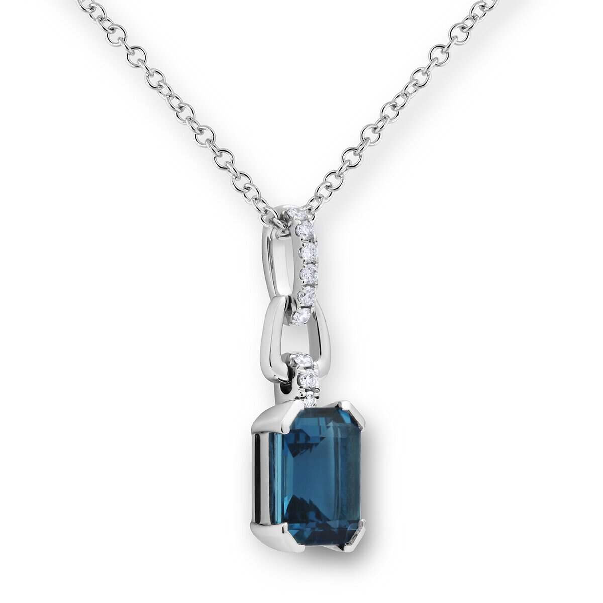 Emerald Cut London Blue Topaz & Diamond Pendant, 18ct White Gold