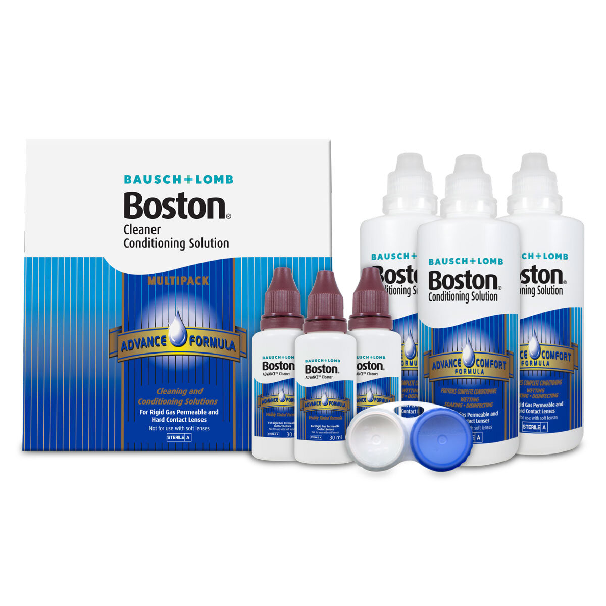 Blue and white box of contact lenses cleaning solutions - 6 bottles in front and pack to put lenses in