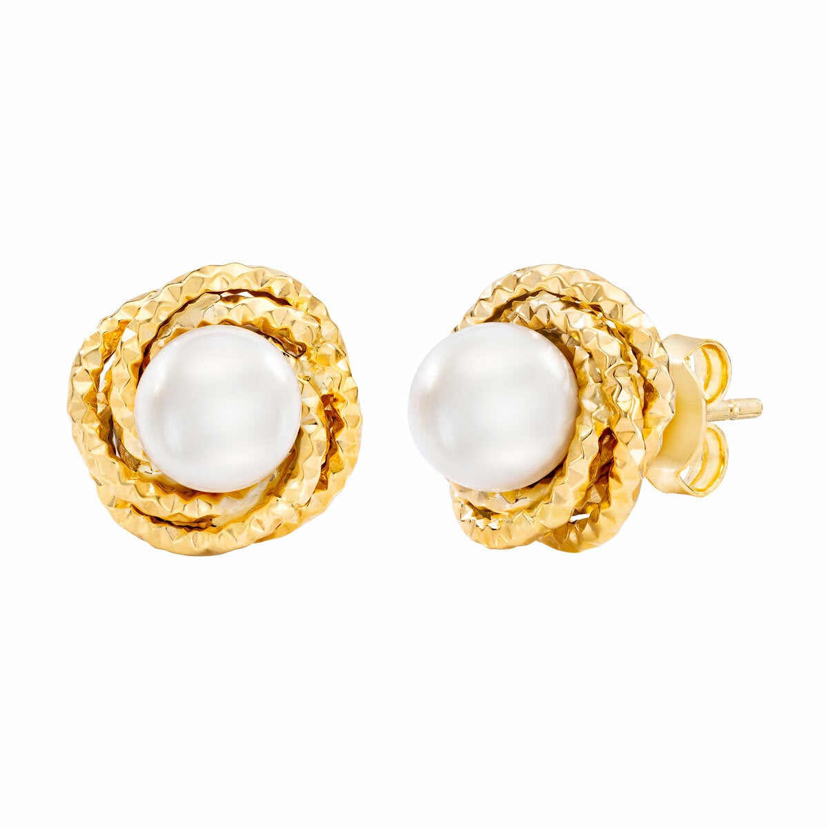7-7.5mm Cultured Freshwater White Pearl Love Knot Earrings, 14ct Yellow Gold