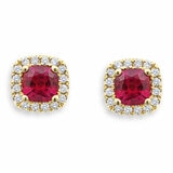 Cushion Cut Ruby & 0.13ctw Diamond Halo Earrings, 18ct Yellow Gold