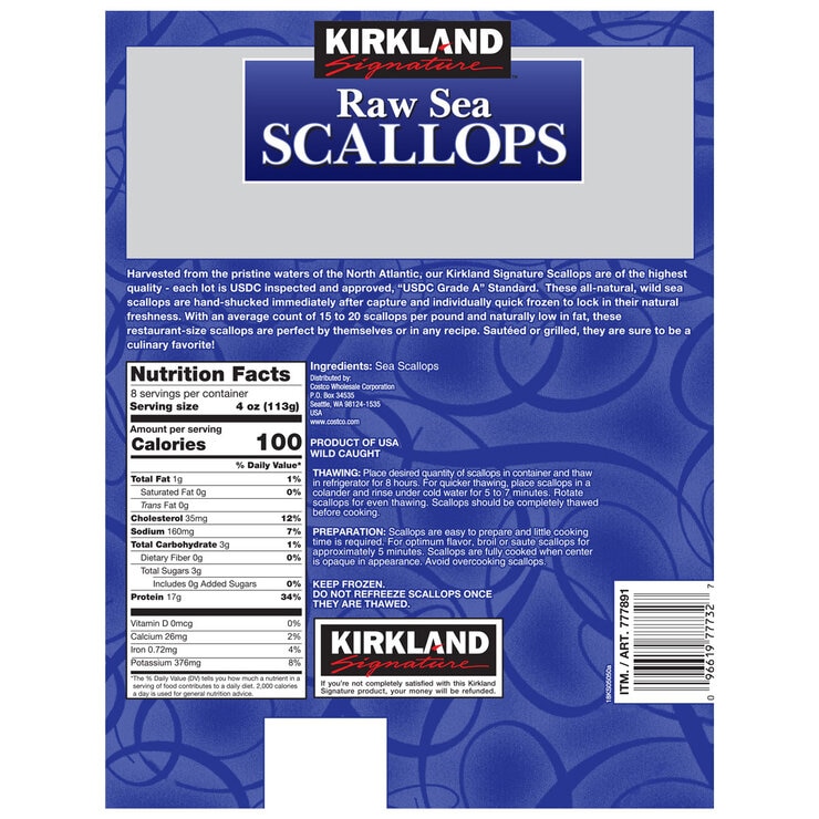 Back of pack of Kirkland Signature Scallops