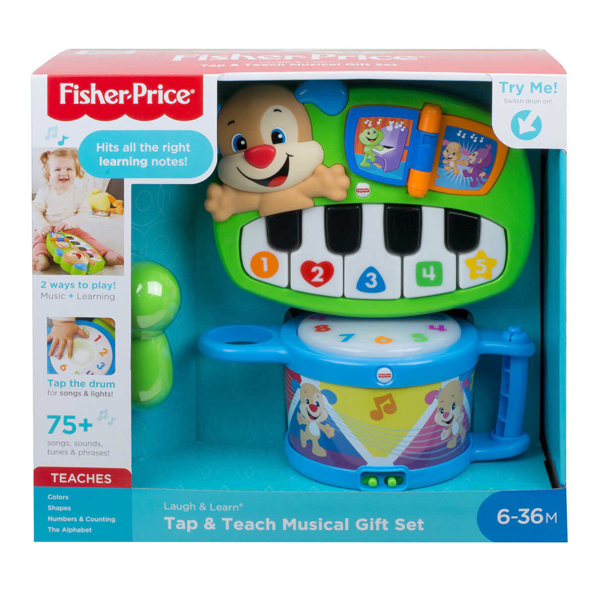 child playing with mattel tap & teach music gift set
