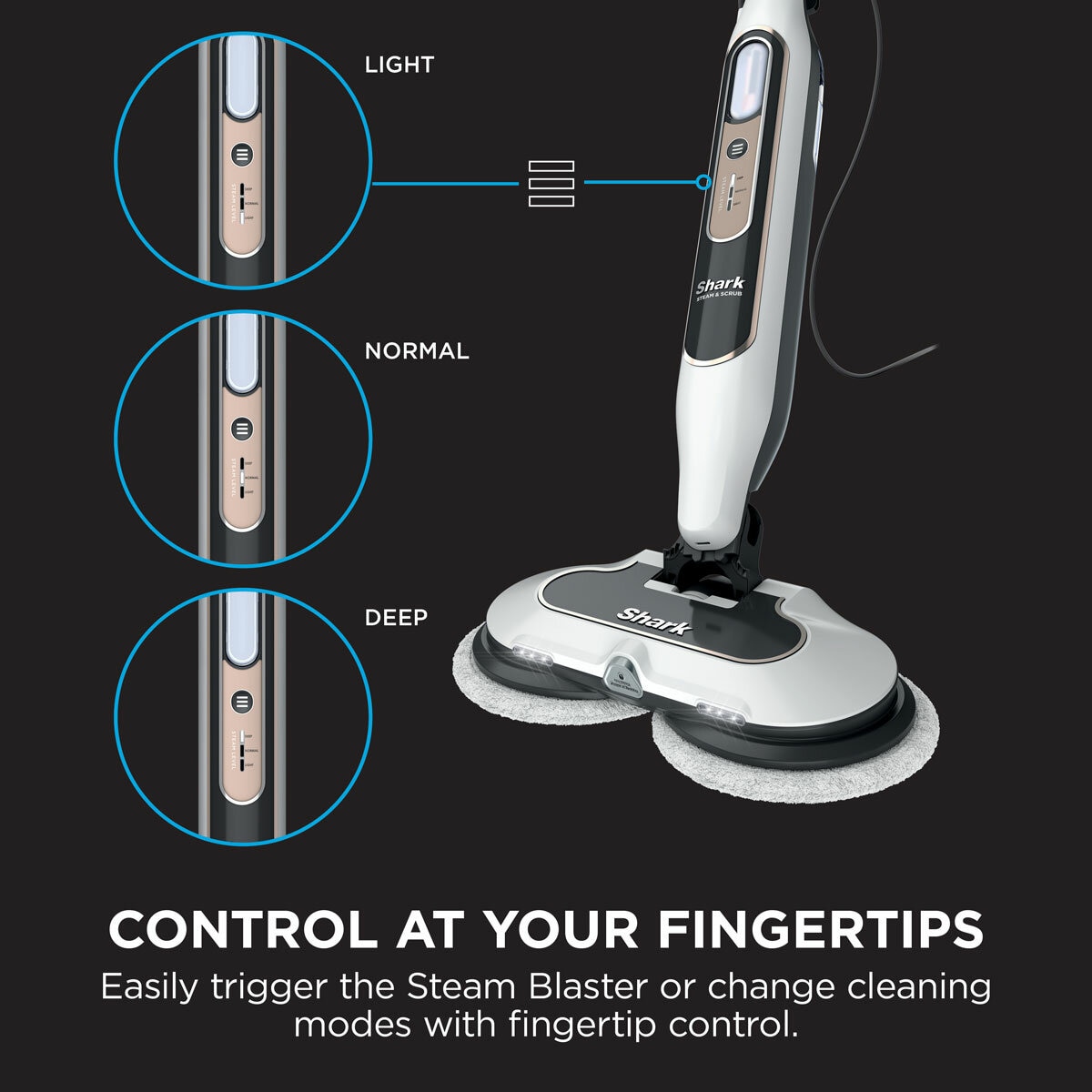 Lifestyle image of Shark Steam & Scrub Automatic Steam Mop with Steam Blaster showing fingertip control