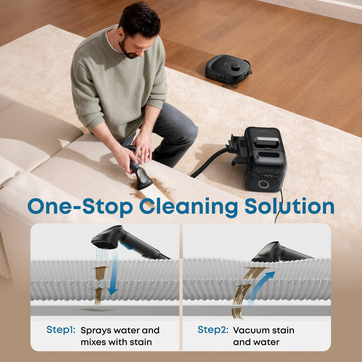 Lifestyle image of Eufy E28 with one stop cleaning solution