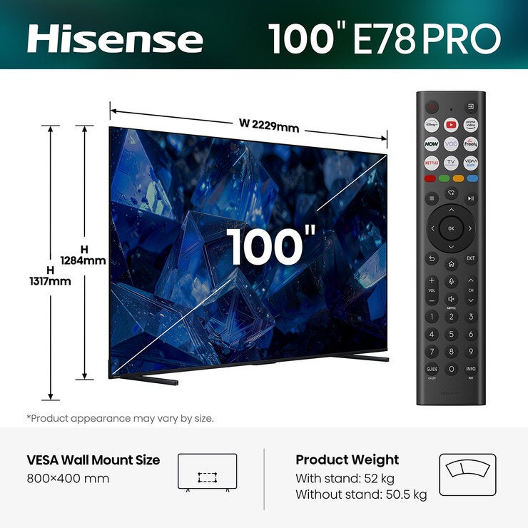 Buy Hisense 100E55E78QTUK PRO 100 Inch QLED 4K UHD Smart TV at Costco.co.uk Buy Hisense 100E55E78QTUK PRO 100 Inch QLED 4K UHD Smart TV at Costco.co.uk
