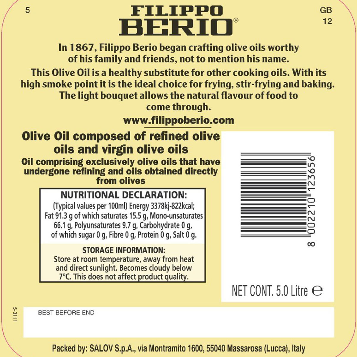 Filippo Berio Mild & Light Olive Oil, 5L