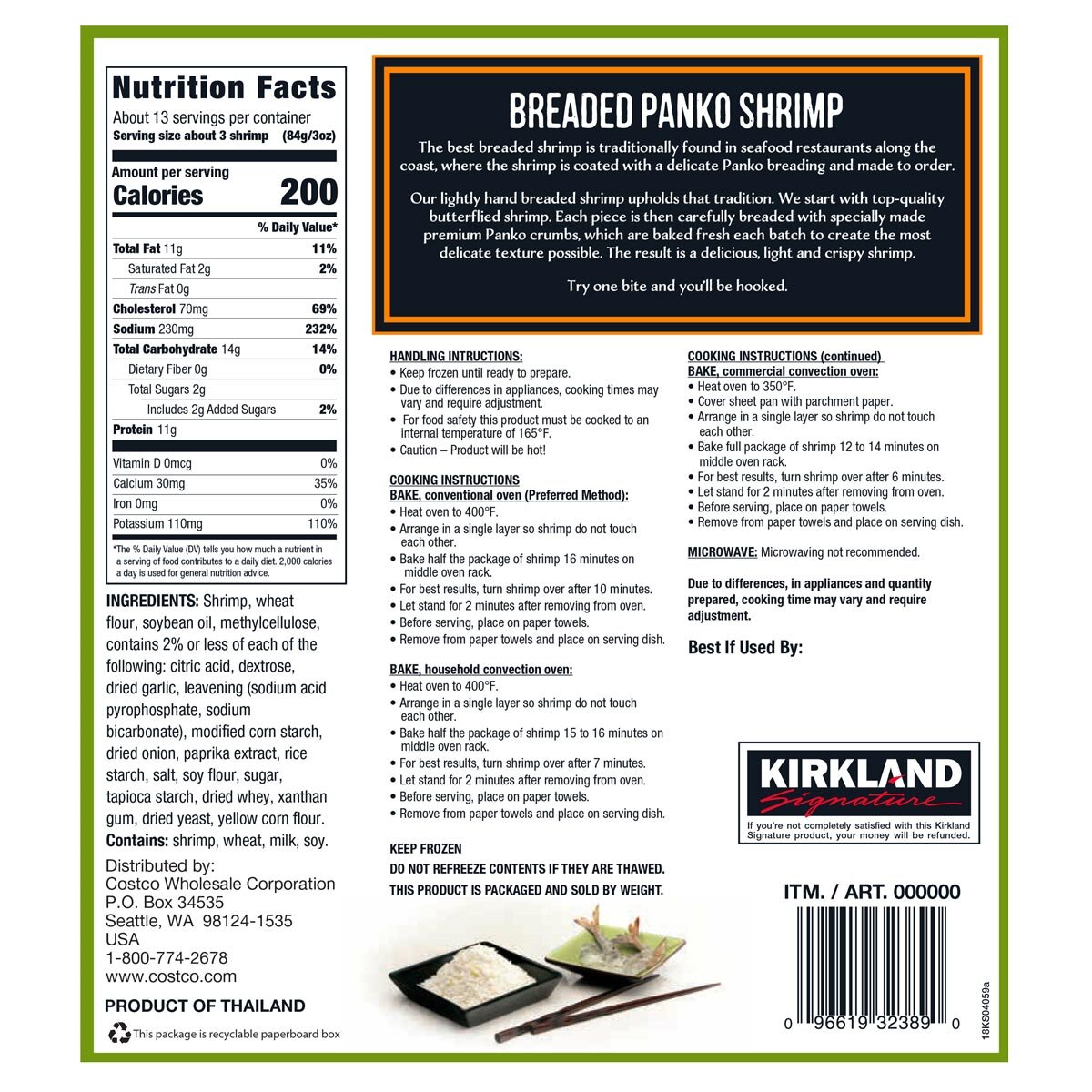 Back of pack of Kirkland Signature Breaded Panko Shrimp