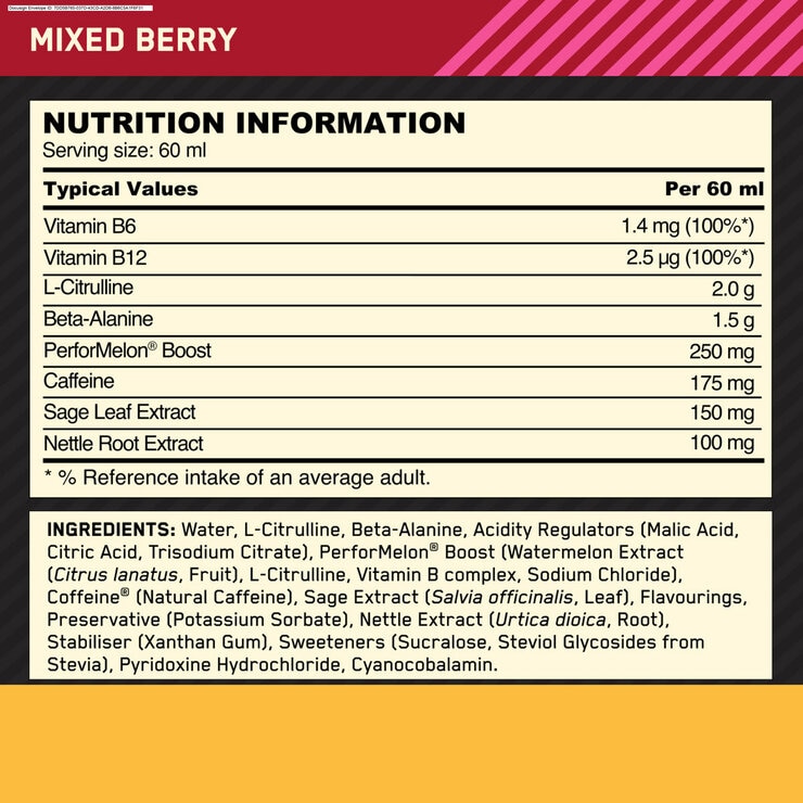 Optimum Nutrition Gold Standard, Pre-workout shots Mixed Berries, 2 x 12 x 60ml