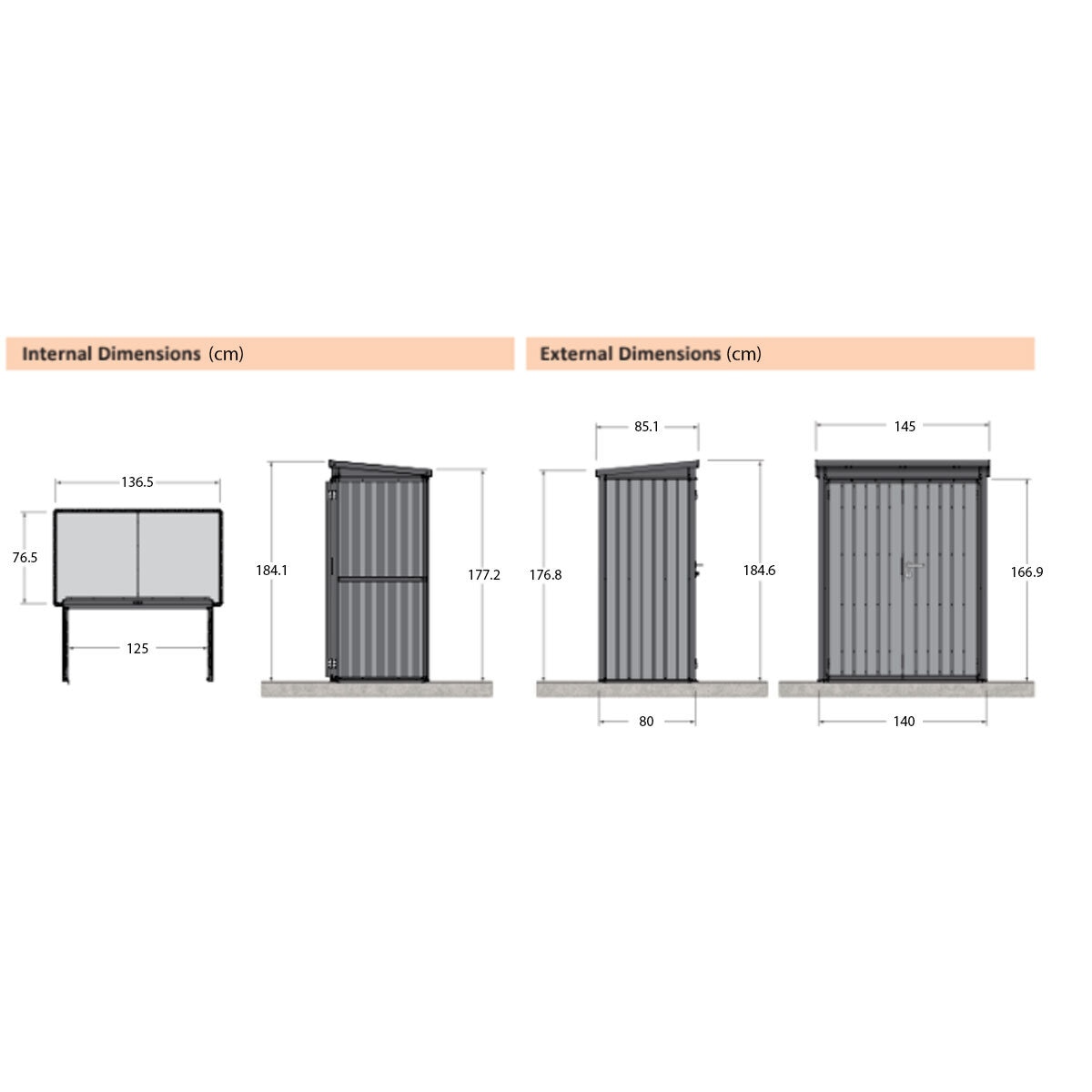 Stone Garden 4ft 7" x 2ft 6" (1.45 x 0.8m) Vertical 1,887 Litre Steel Shed in 2 Colours