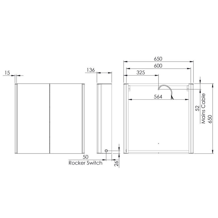 Line drawing of cabinet on white background with dimensions