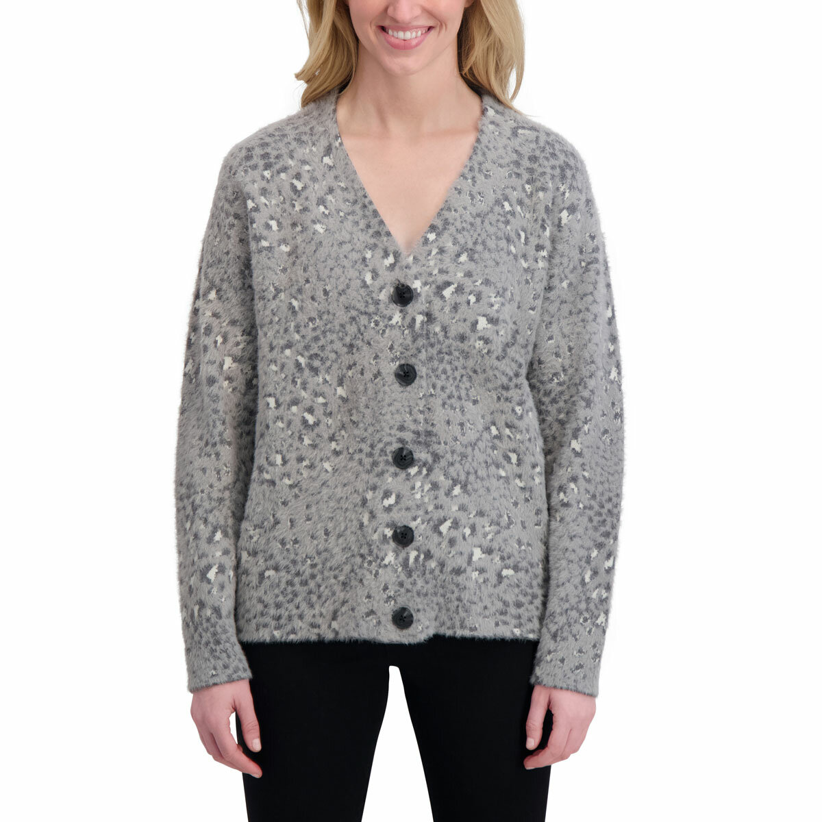 DKNY Ladies Leopard Print Cardigan in Stone