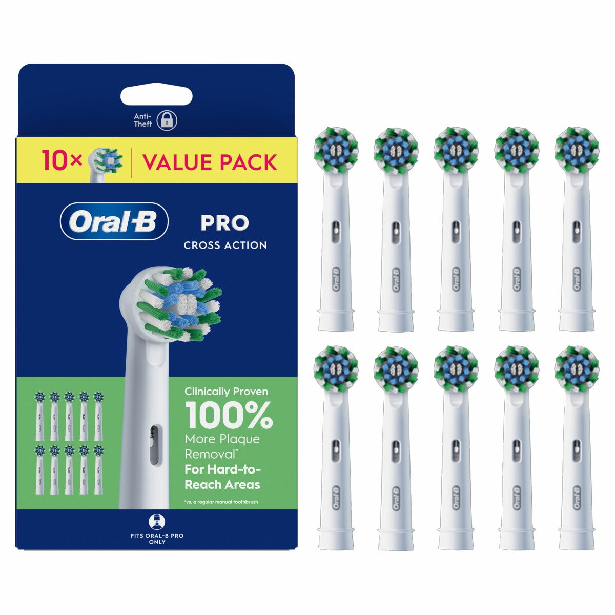 Front profile of Oral-B Pro Cross Action 10 Pack in White with packaging
