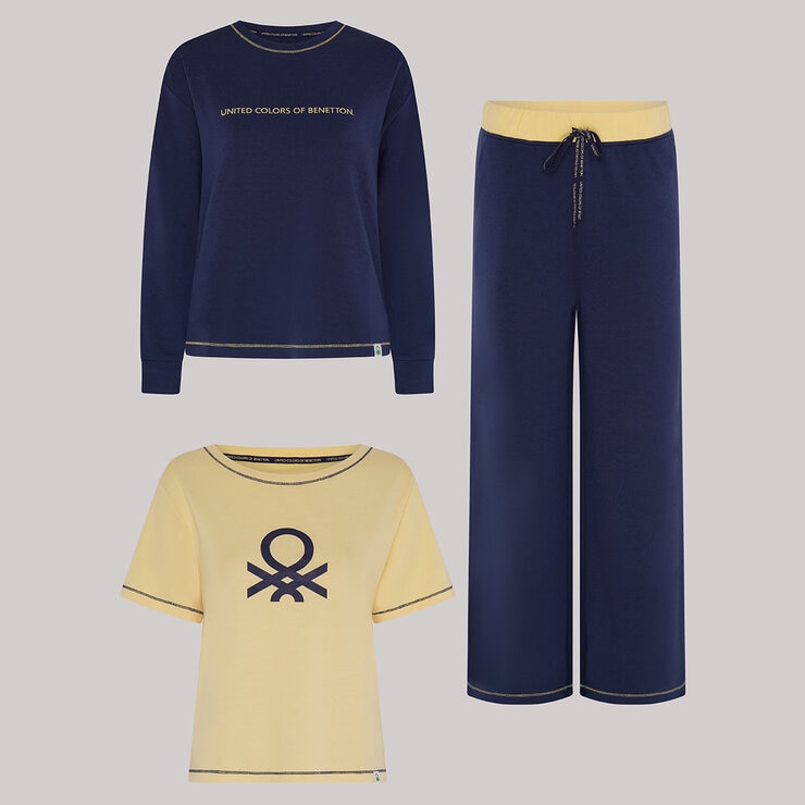 United Colors of Benetton Ladies Two Piece Pyjama Set in Navy/Yellow United Colors of Benetton Ladies Two Piece Pyjama Set in Navy/Yellow