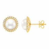 8-9mm Cultured Freshwater White Button Pearl & 0.25ctw Diamond Halo Earrings, 14ct Yellow Gold