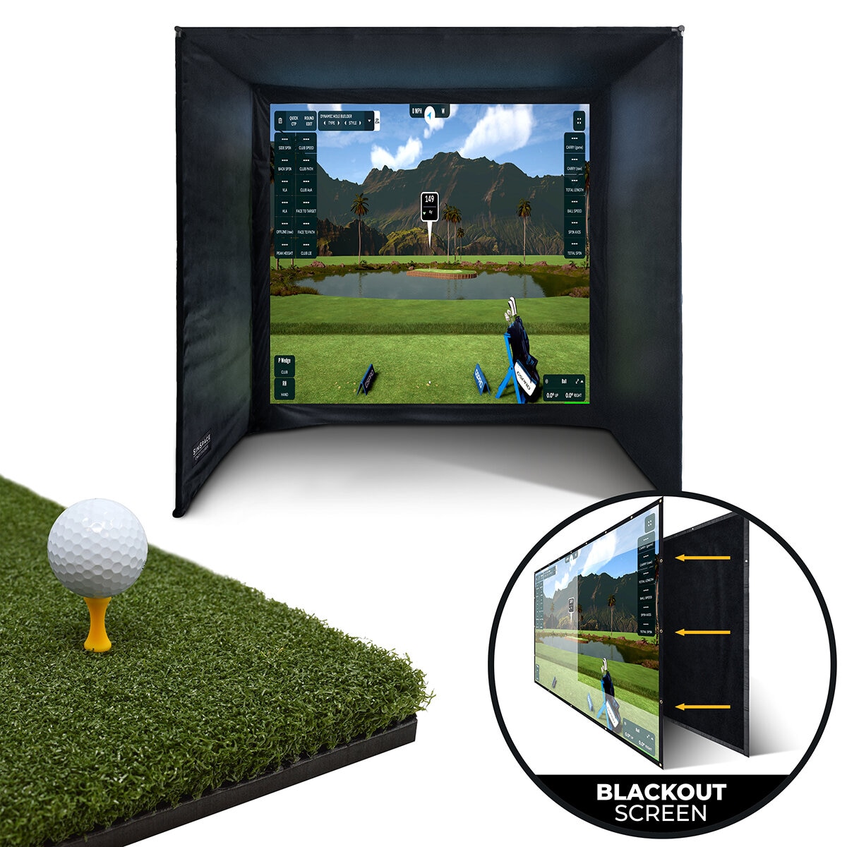 Studio image showing the tee turf, simulator and blackout screen