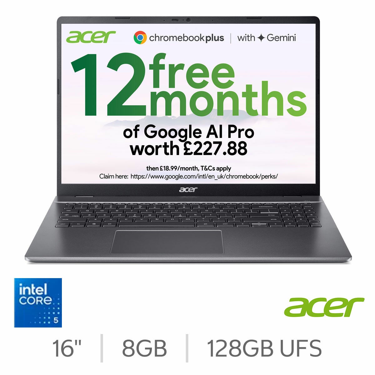 Acer Chromebook Plus, Intel Core 5, 8GB RAM, 128GB UFS, 16 Inch Laptop, NX.JCMEK.006 Acer Chromebook Plus, Intel Core 5, 8GB RAM, 128GB UFS, 16 Inch Laptop, NX.JCMEK.006