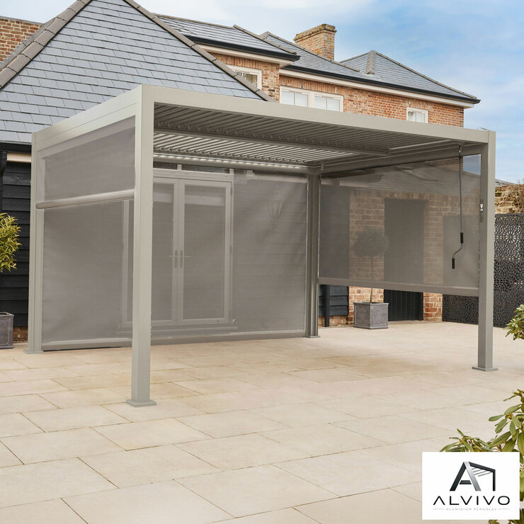 Alvivo 9ft 8" x 13ft 3" (3 x 4m) Beige Louvered Aluminium Pergola Bundle with 3 Pull-Down Screens Alvivo 9ft 8" x 13ft 3" (3 x 4m) Beige Louvered Aluminium Pergola Bundle with 3 Pull-Down Screens