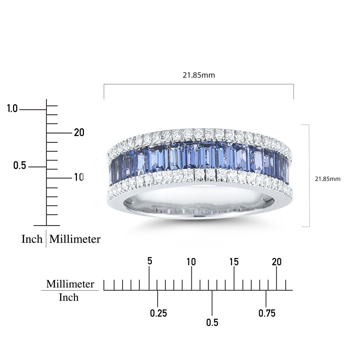 Baguette Cut Blue Sapphire & 0.22ctw Diamond Ring, 18ct White Gold