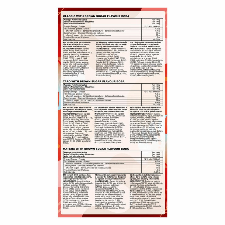 Classic, Taro, Matcha Flavours back of pack