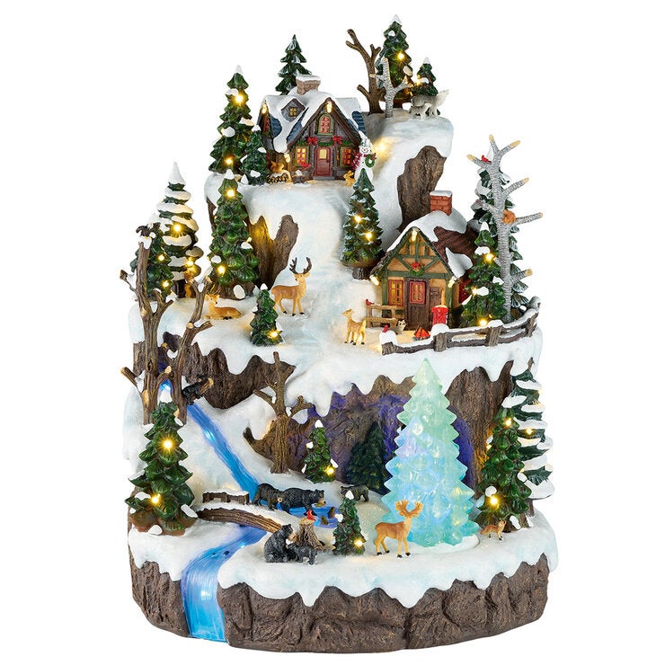 Snowy Woodland Village with Lights and Music