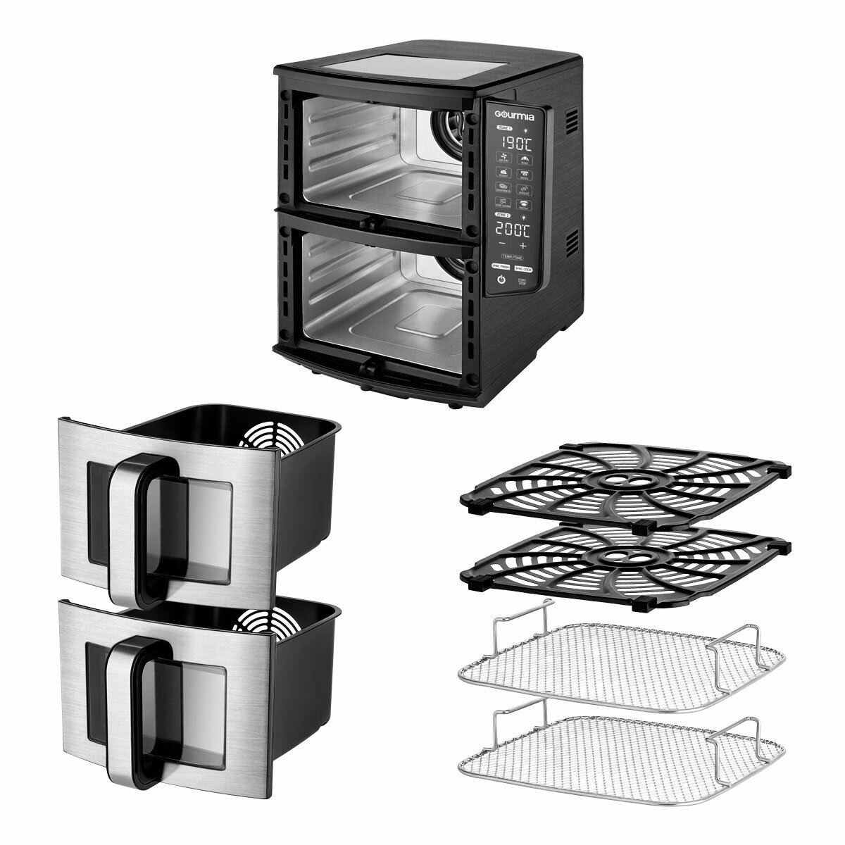 Gourmia Dual Basket Air Fryer with attachments