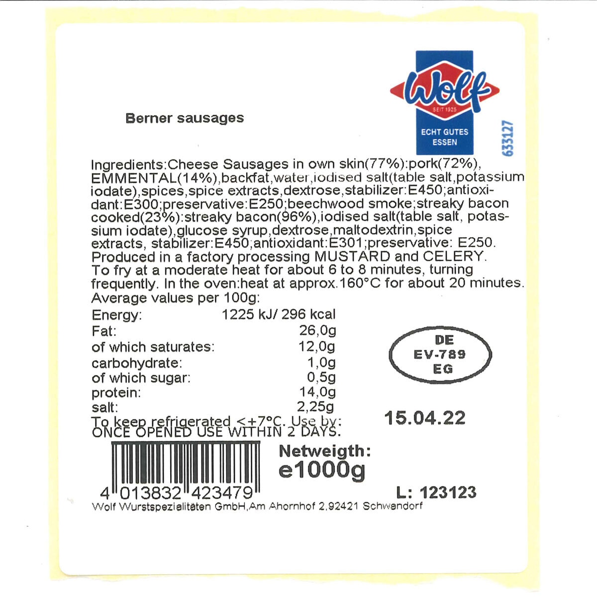 Back of Pack for Berner Sausages 2x500g