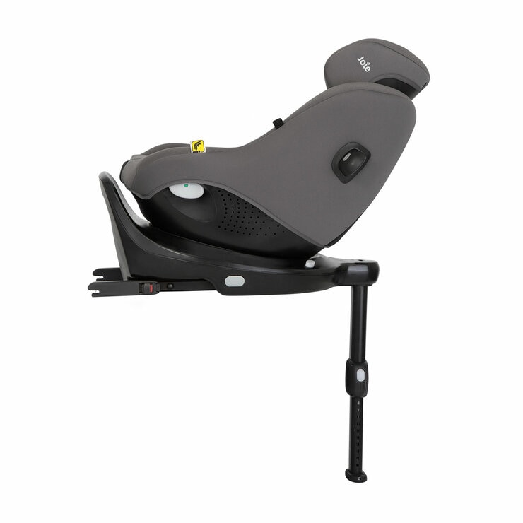 Studio image of the Joie I-Pivot Car Seat from the side, reclined and headrest raised Studio image of the Joie I-Pivot Car Seat from the side, reclined and headrest raised
