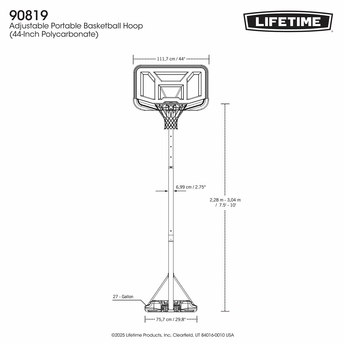 Studio image showing the dimensions of the 44 inch basketball hoop