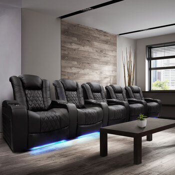 Valencia Tuscany Row of 5 Black Leather Power Reclining Home Theatre Seating