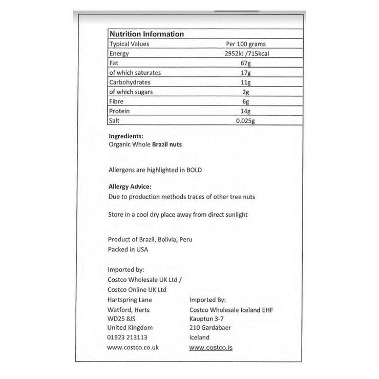 Kirkland Signature Organic Brazil Nuts, 680g Costco UK