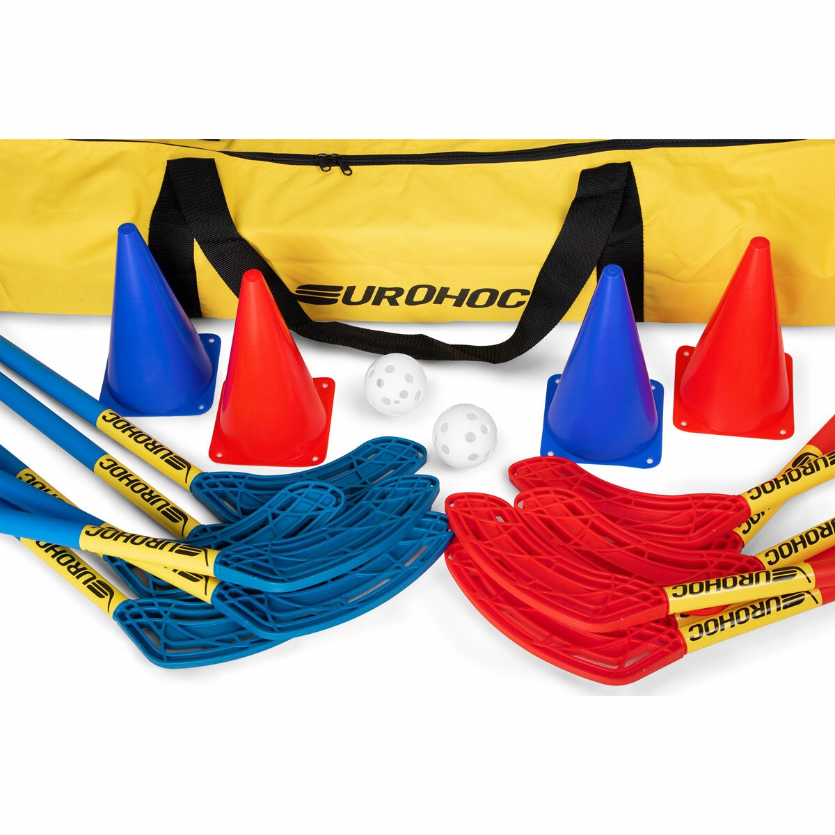 Studio image of the Eurohoc Floorball Hockey Set with cones, balls and holdall close up