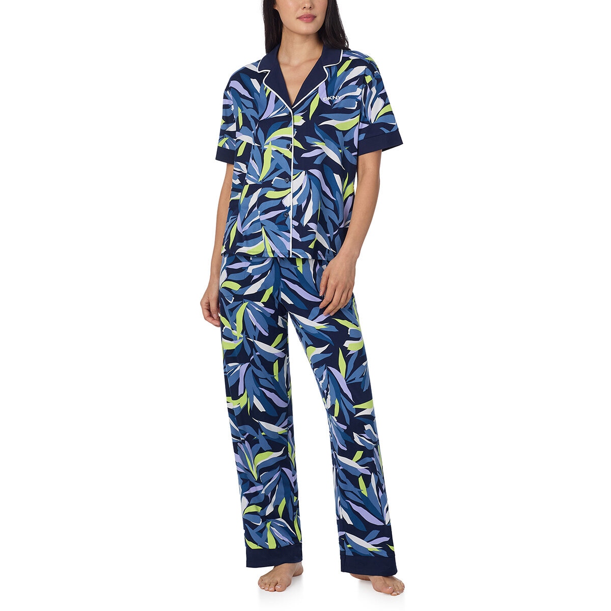 DKNY Ladies Notch Collar 3 Piece PJ Set in Blue/Yellow Leaves