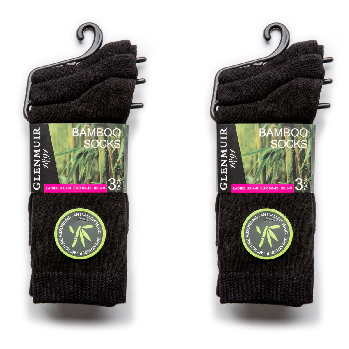Glenmuir Women's 2 x 3 Pack Bamboo Socks in Black, Size 4-8