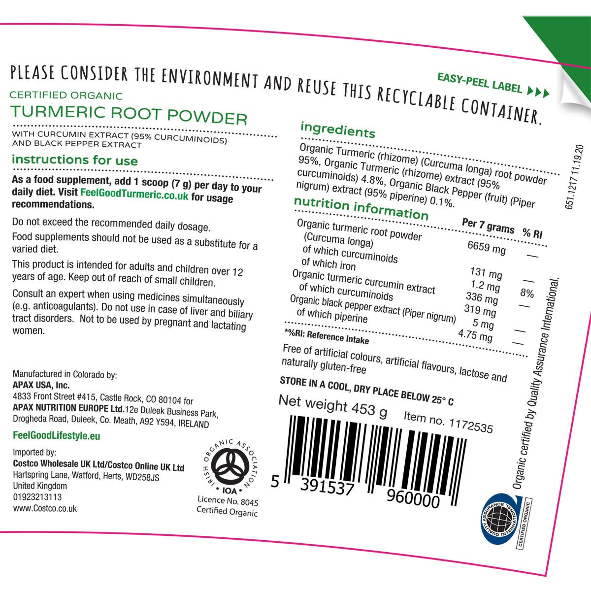 FeelGood Organic Superfoods Fortified Turmeric Powder, 453g Costco UK