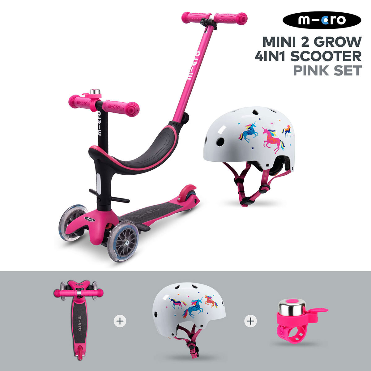 Micro Mini 2 Grow 4 in 1 Pink Scooter with Unicorn Helmet and Pink Bell (12+ Months)