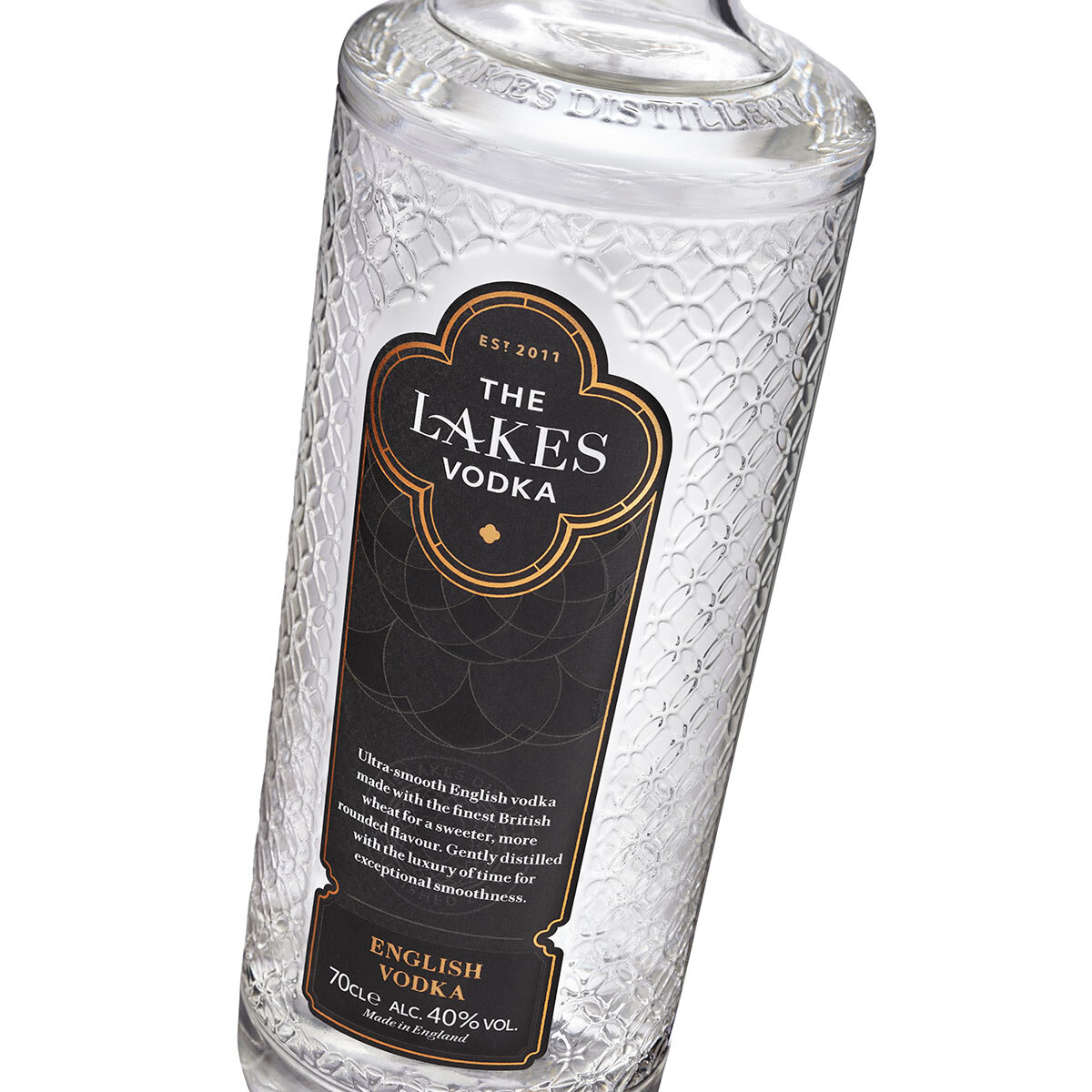 A close up of the lakes vodka label