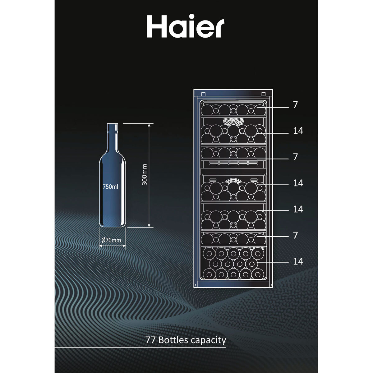 Haier HWS77GDAU1 77 Bottle Dual Zone Wine Cooler, G Rating in Black