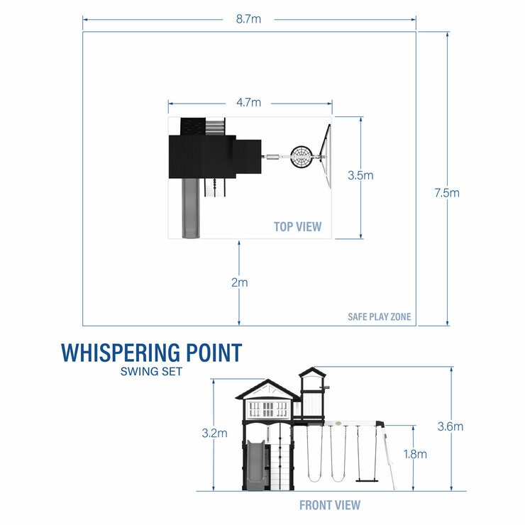 Image showing the dimensions of the Backyard Discovery Whispering Point Playcentre and Swing Set