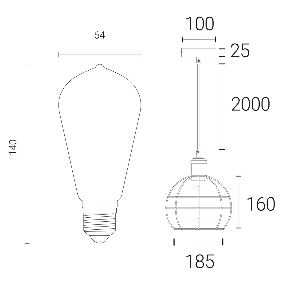 Line drawing of light on white background with dimensions