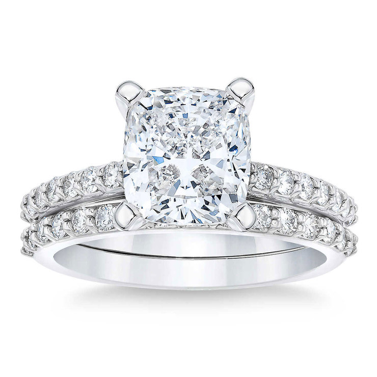 3.66ctw Cushion Cut Diamond Wedding Ring Set, Platinum