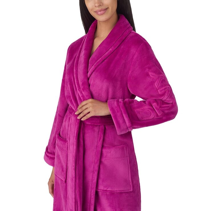 DKNY Shawl Collar Long Plush Robe in Magenta, Extra Large