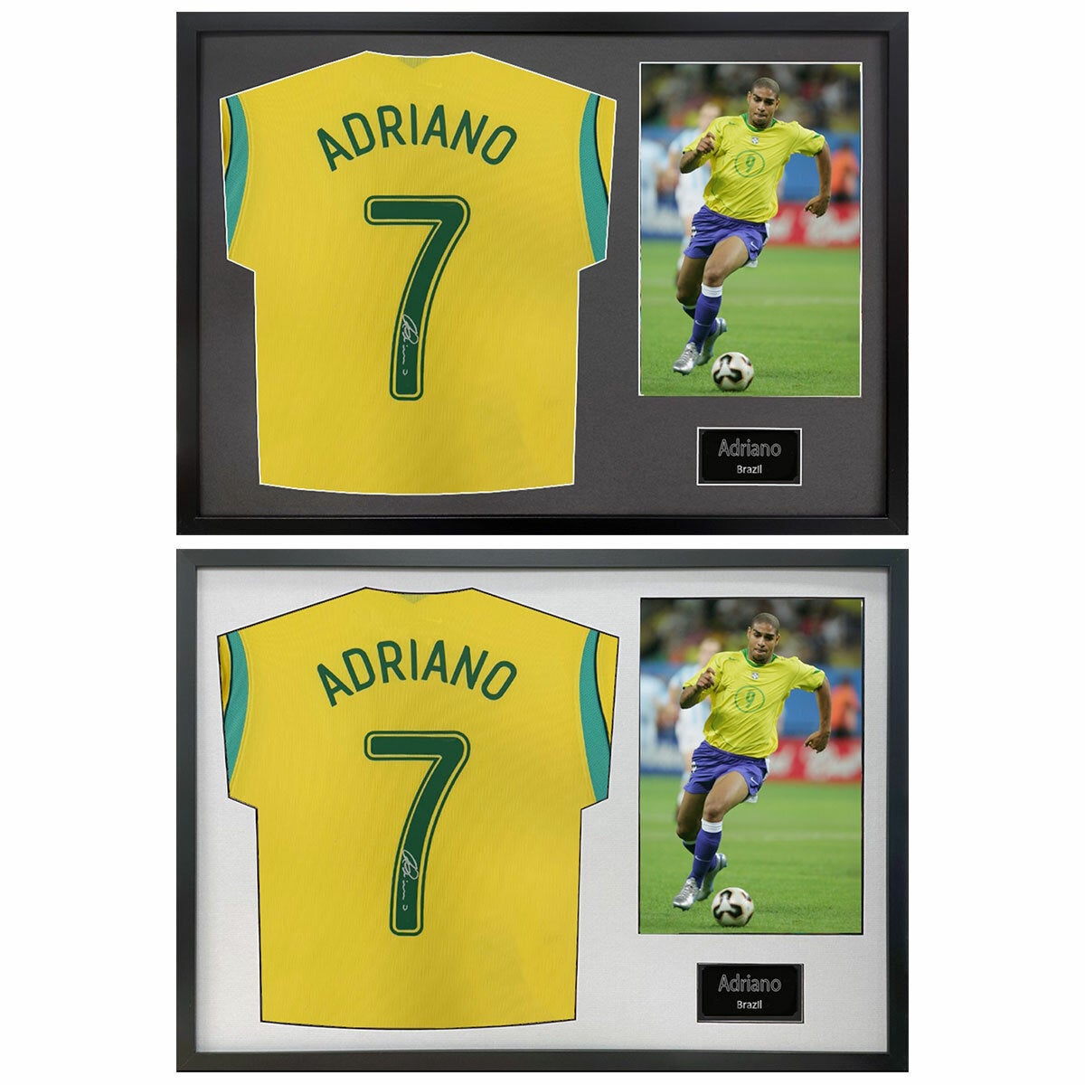 Adriano Signed Framed Brazil Football Shirt including 1 Photo in 2 Options: White or Black