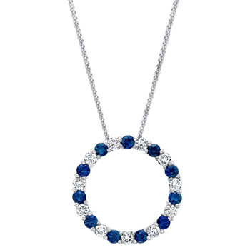 Round Cut Blue Sapphire & 0.66ctw Diamond Circle Pendant, 14ct White Gold