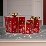 Red Metal Gift Boxes with LED Snowflake Pattern – Set of 3